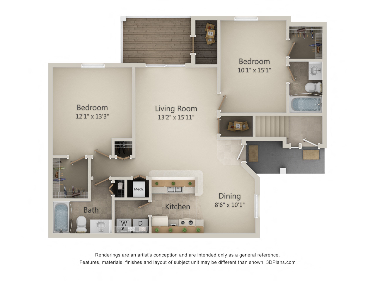 Floor plan for 2 beds, 2 baths, 1060 sqft